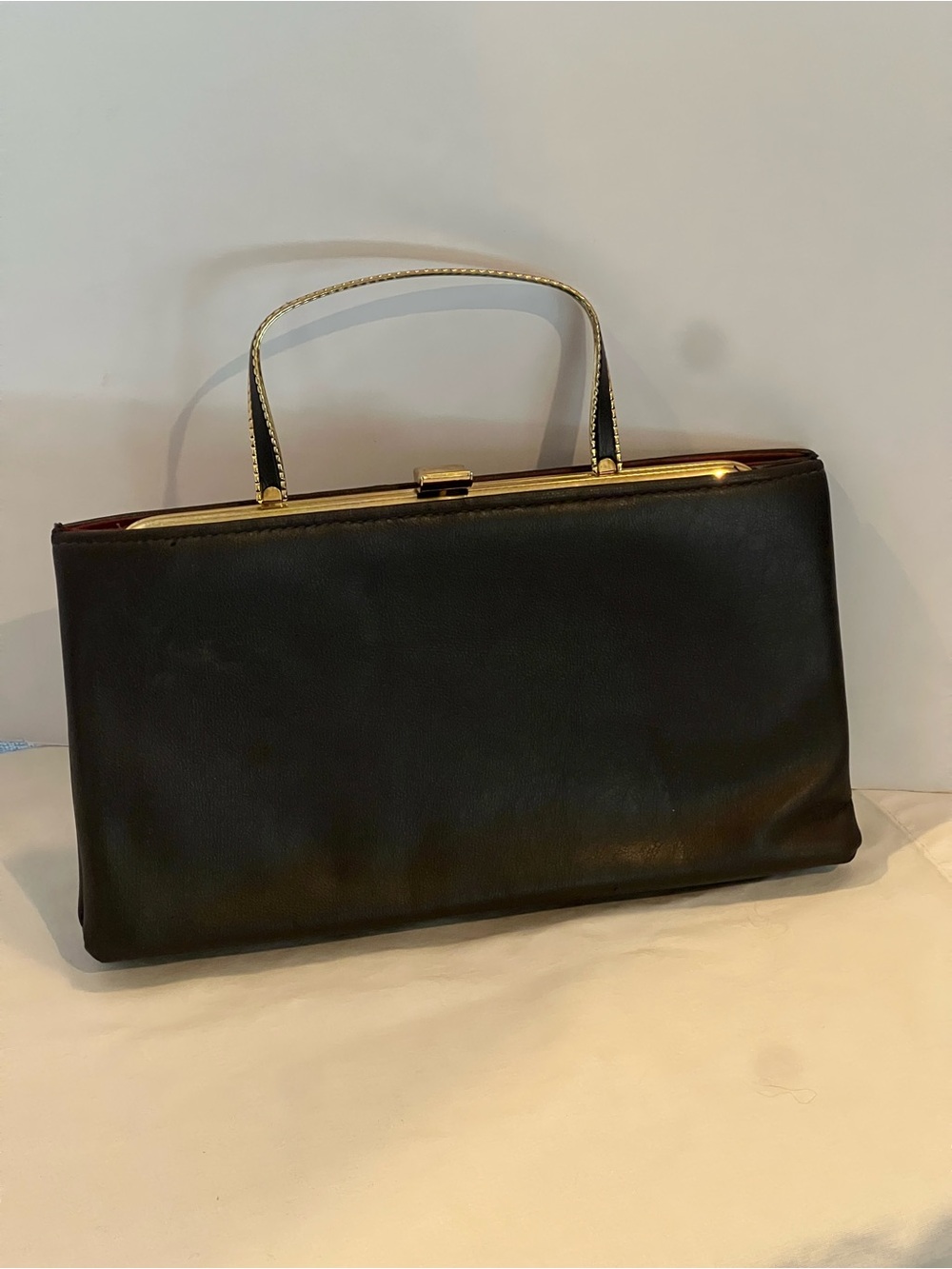 Structured Brown Leather Satchel with Gold-Tone Frame